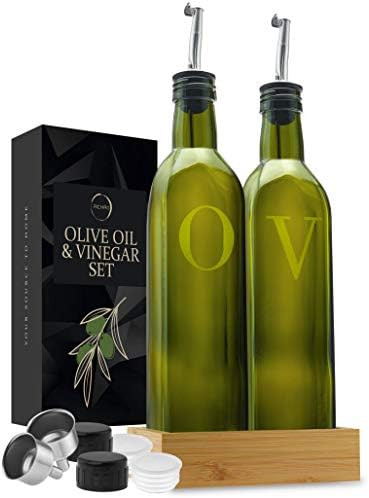 Olive Oil Dispenser Bottle Set of 2 With Wood Tray 17 Oz Glass Oil and Vinegar Dispenser - Stainless | Amazon (US)