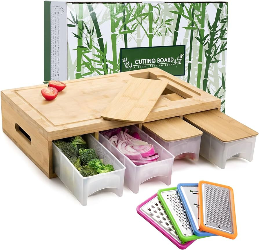 SHINESTAR Bamboo Cutting Board with Containers, Sturdy Meal Prep Station for Kitchen, Includes 4 ... | Amazon (US)