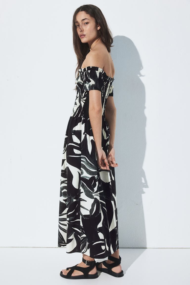 Smocked Off-the-shoulder Dress - Short sleeve - Long - Black/patterned - Ladies | H&M US | H&M (US + CA)