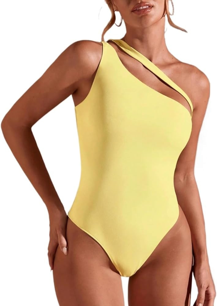 Women's Summer Fashion Jumpsuits Rompers Solid Color Asymmetrical Neck Bodysuit Bodysuits | Amazon (US)