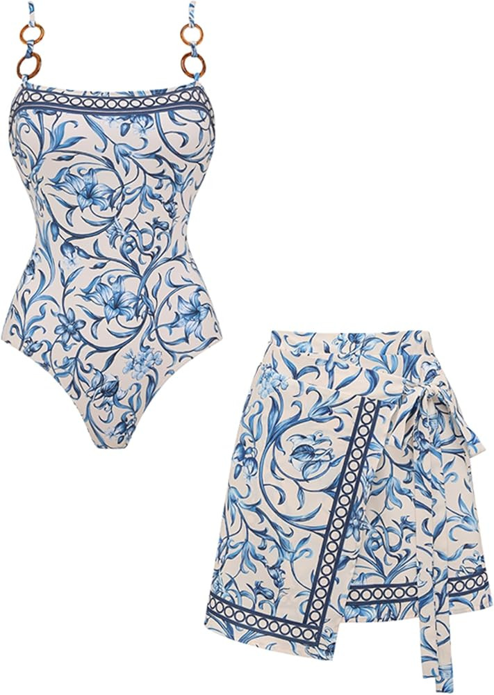 FLAXMAKER Women's One Piece Sling Classic Majolica Adjustable Bathing Suits Back Lace up Swimsuit... | Amazon (US)