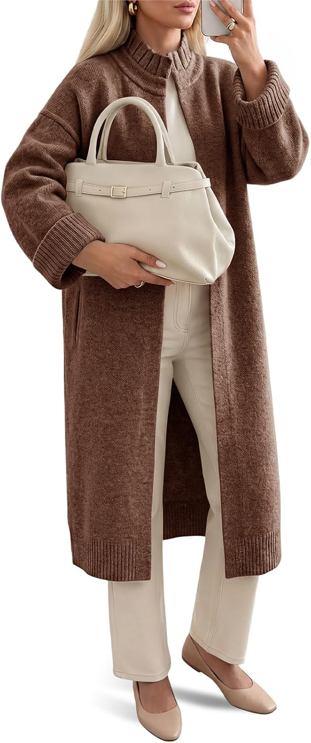 Saodimallsu Womens Ruffle Mock Neck Open Front Long Cardigan Sweaters | Amazon (US)