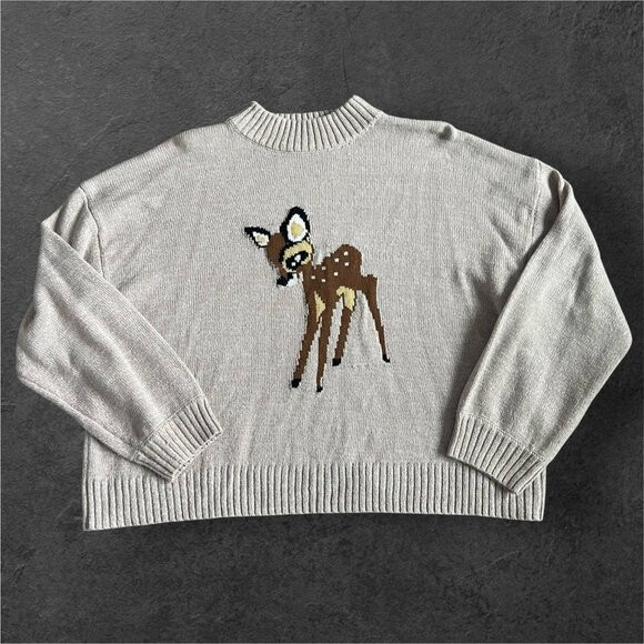 Disney Women’s Bambi Deer Knit Pullover Sweater Sz XL Sweatshirt Biege Acrylic | Poshmark