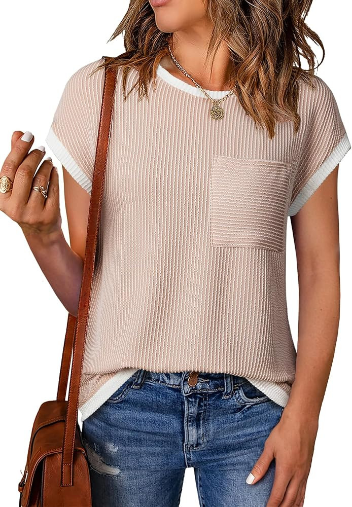 EVALESS Women's Short Sleeve T Shirts Crewneck Color Block Ribbed Knit Tee Blouses 2026 Trendy Su... | Amazon (US)
