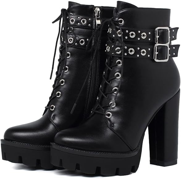 KiutSymo Gothic Ankle Boots For Women Studded Buckle Straps Chunky High Heels Platform Boots Lace... | Amazon (US)
