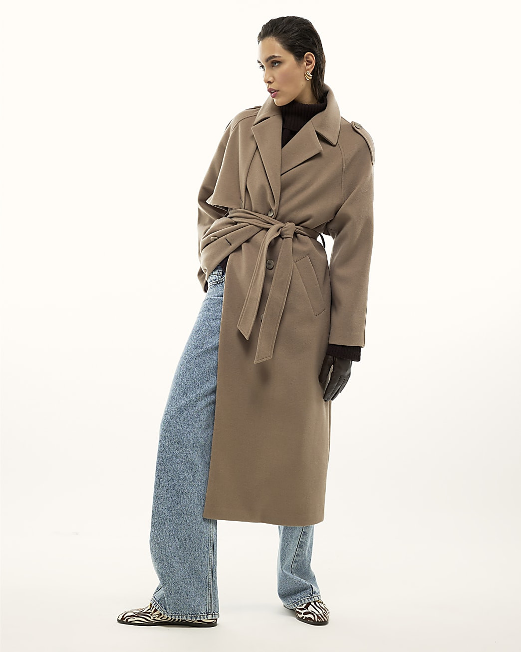 Brown Faux Wool Belted Trench Coat | River Island UK & IE