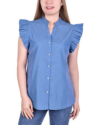 Petite Ruffle Flange Chambray Blouse | Macy's