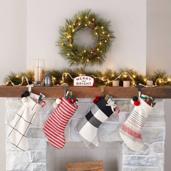 Windowpane Plaid Poms Stocking Cream/Gray - Hearth & Hand™ with Magnolia | Target