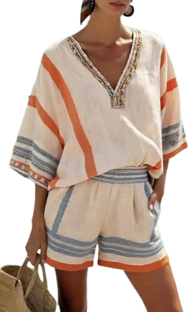 ksotutm Womens Vacation Outfits Boho Print V Neck Short Sleeve Top Pocket Loose Shorts 2 Piece Se... | Amazon (US)