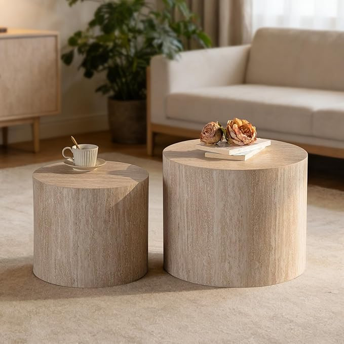 Nesting Round Coffee Table Set of 2, Circle Accent End Table for Small Spaces, Morden Drum Side T... | Amazon (US)