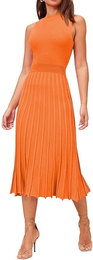 Pink Queen Women's Crew Neck Sleeveless High Waisted Bodycon Pleated Ribbed Swing Knit Midi Dress... | Amazon (US)