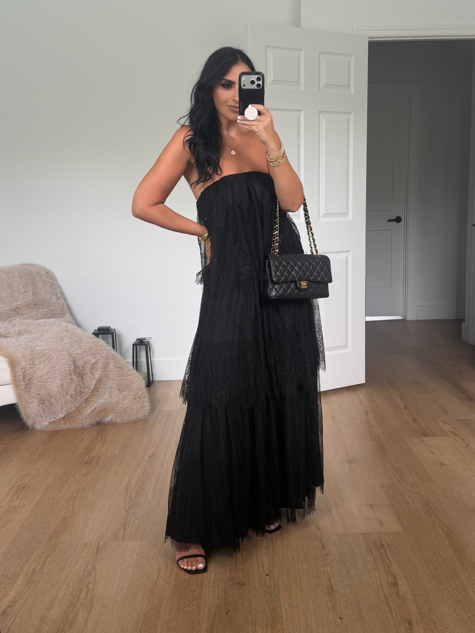 Petal & Pup Bloom Strapless Maxi Dress Black Lace wearing size small