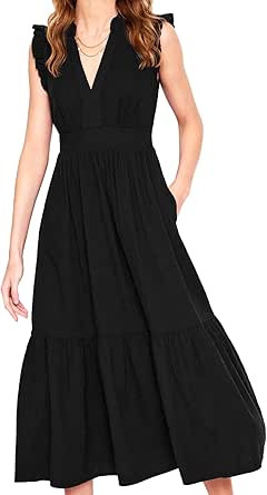 HOULENGS Women's Summer Casual Ruffle Sleeve Boho Maxi Dress V Neck A-Line Flowy Tiered Long Beac... | Amazon (US)