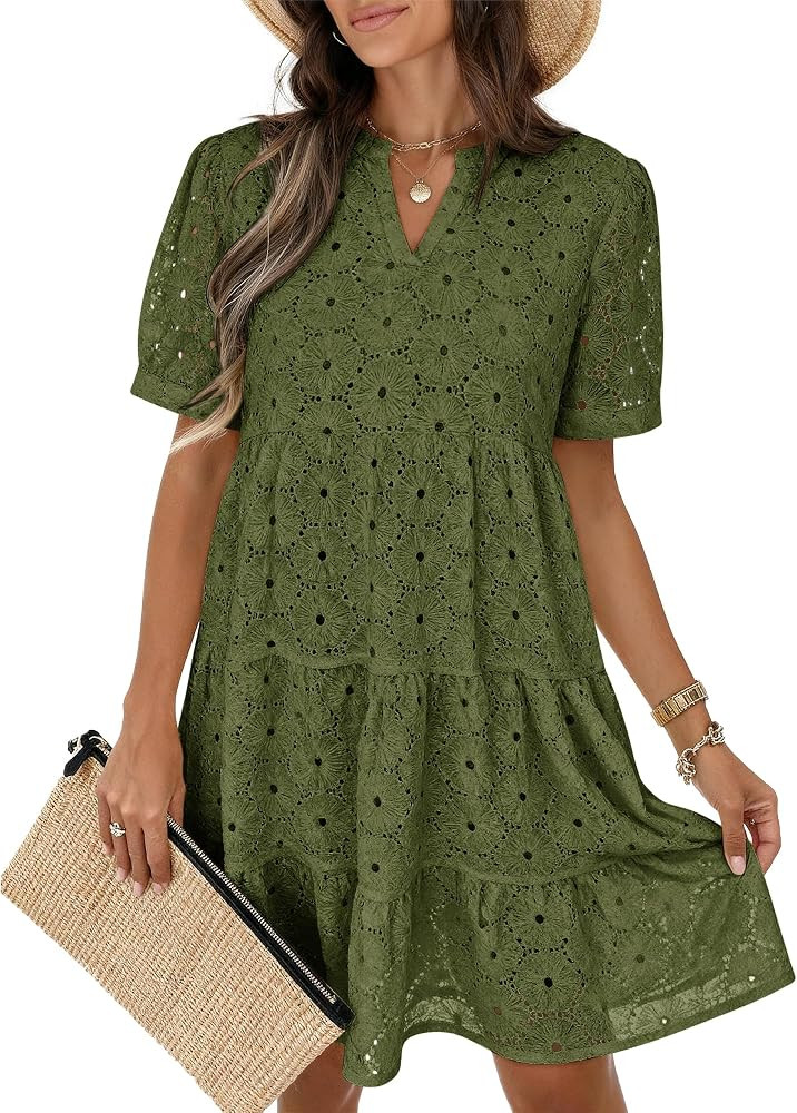Womens Summer Eyelet Dresses 2026 Casual Babydoll Swing V Neck Short Sleeve Hollow Out Lace Tunic... | Amazon (US)