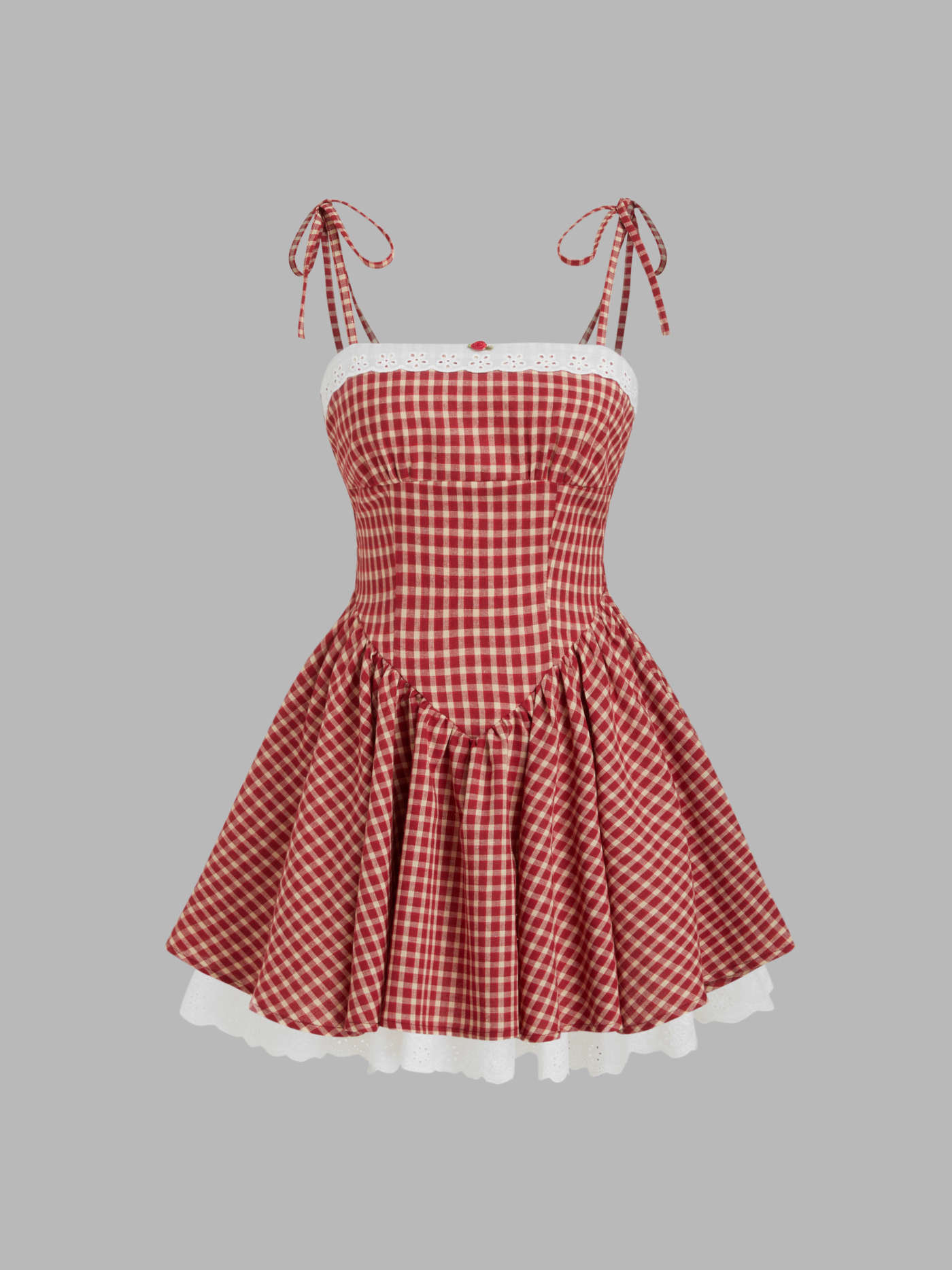 Woven Cotton-blend Gingham Broderie Anglaise Trim Shirred Ruffle Mini Dress For School Daily Casu... | Cider