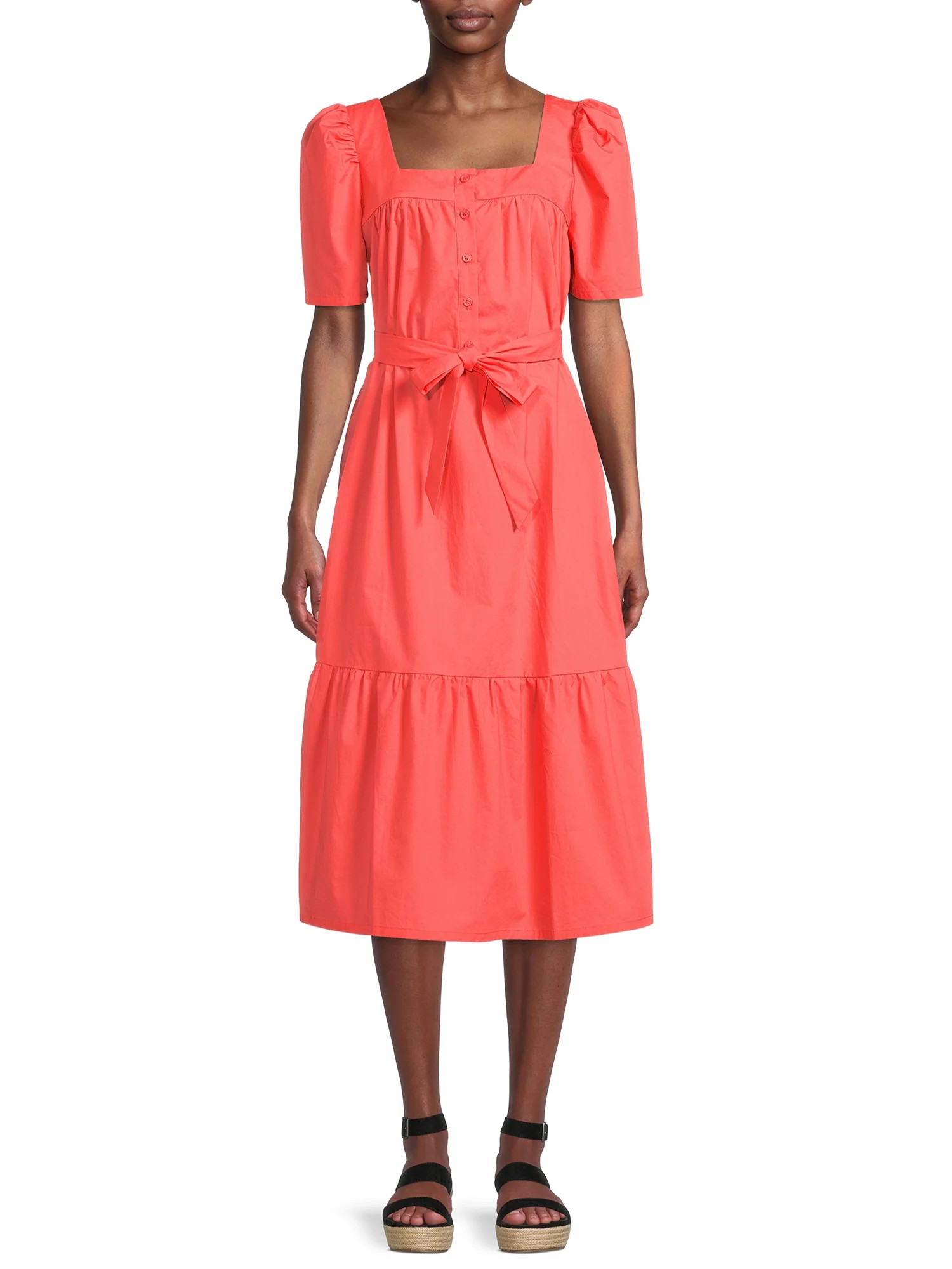 The Get Women's Short Sleeve Midi Dress with Puff Shoulders | Walmart (US)