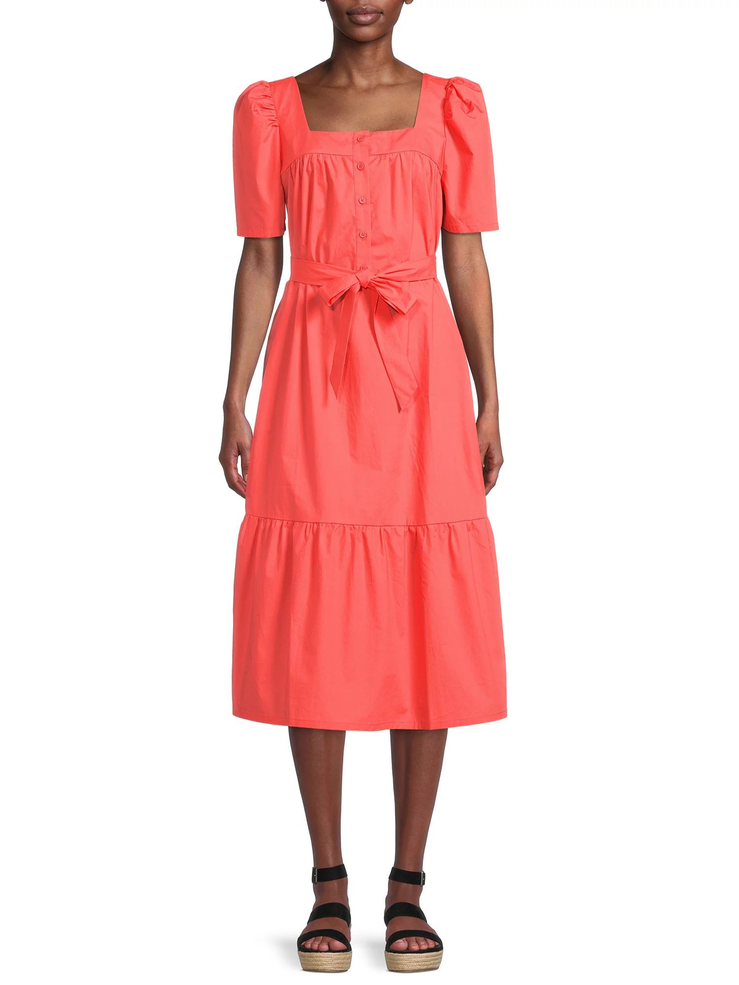 The Get Women's Short Sleeve Midi Dress with Puff Shoulders - Walmart.com | Walmart (US)