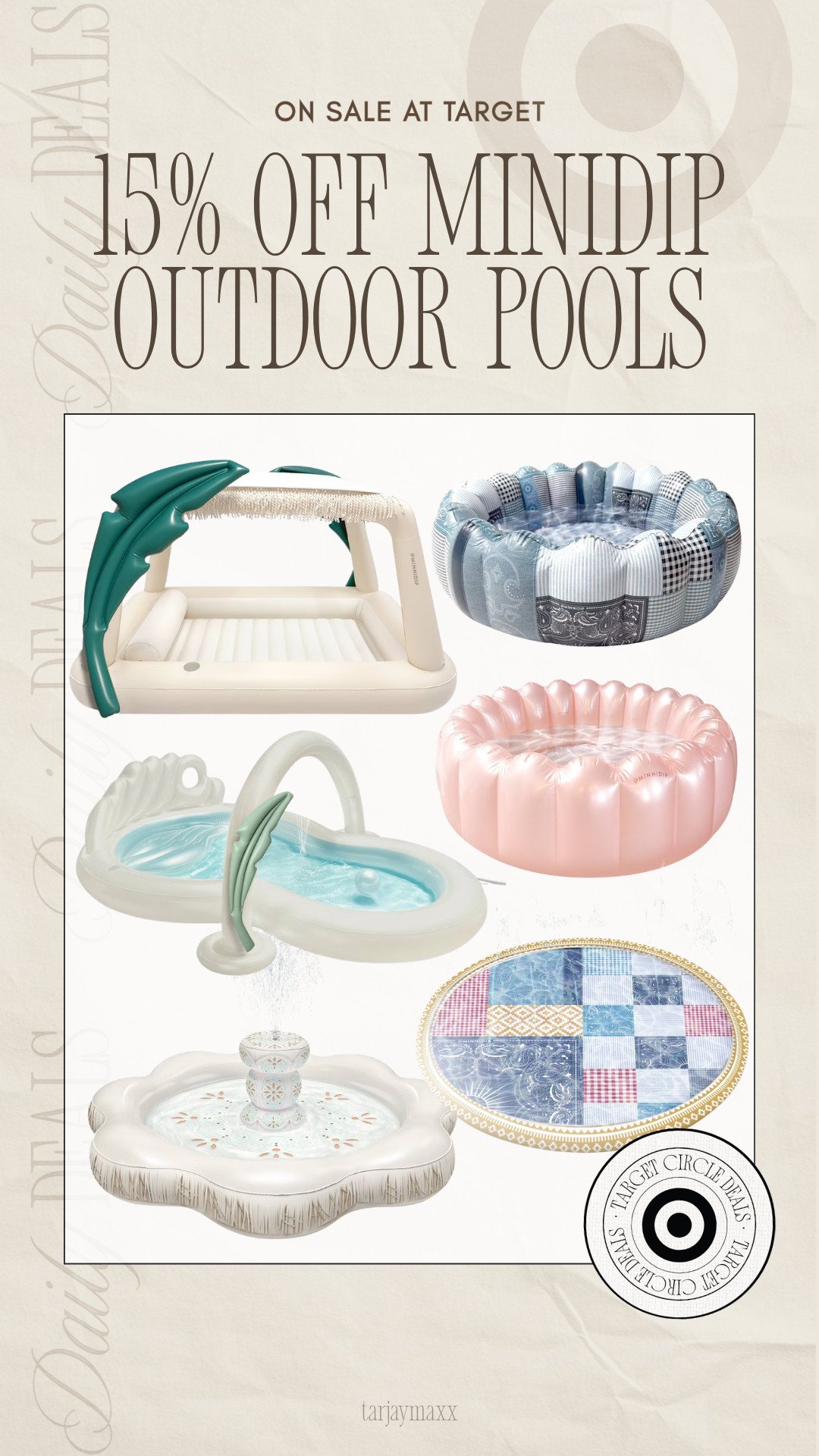 Okay wait the MINNIDIP summer collection is actually adorable this year ☀️💦 the cabana tanning pool and vintage inspired inflatables look straight out of a resort setup and now they’re 15% off at Target! Perfect for pool days, backyard hangs, or turning your patio into a mini vacation vibe. target deals, target circle deals, minnidip pool, backyard oasis, pool day essentials, summer essentials, patio decor, outdoor living, resort style, inflatable pool, backyard setup, summer entertaining, vacation vibes, cabana style, target finds, summer outfits, memorial day outfit, vacation outfits beach, work outfits, date night outfits, country concert outfits, summer dresses, plus size fashion, wedding guest dress summer 

 #LTKSeasonal #LTKHome #LTKSwim
