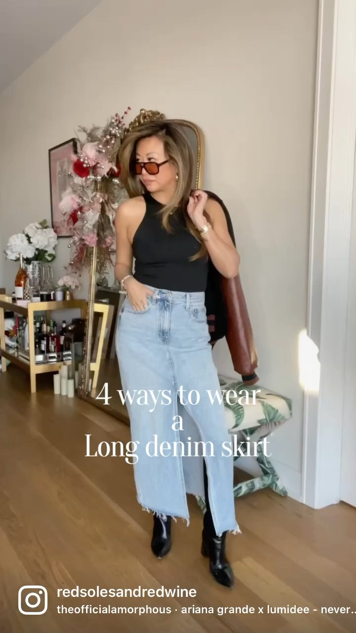 4 ways to style a long denim skirt, Amazon bodysuit, revolve jacket, sweater with fur, crop button down, maxi denim skirt, size 27 (size 1 up), spring trends, 

#LTKstyletip #LTKFind