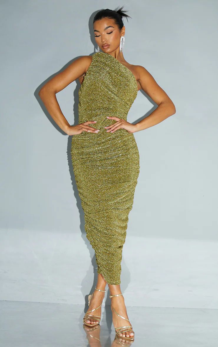 Gold Glitter Plisse Ruched One Shoulder Midi Dress | PrettyLittleThing US
