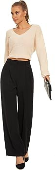 FUNYYZO Wide Leg Pants Women's High Elastic Waisted in The Back Business Work Trousers Long Strai... | Amazon (US)