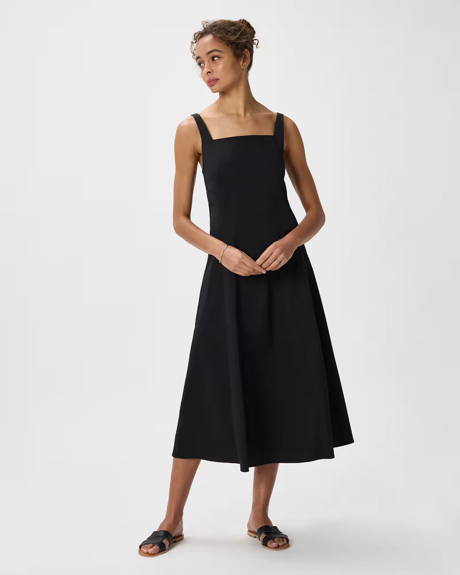Stretch Twill Fit & Flare Midi Dress in True Black | Quince