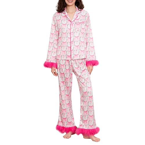 Multitrust Women Bow Two Piece Pajamas Sets Comfy Y2K Bowknot Long Sleeve Button Down Shirt Tops Pants Silk Lounge Set Pjs (Feather Trim Bow Pink, M) | Amazon (US)