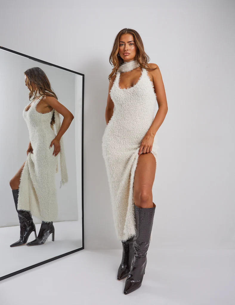 Kaiia Boucle Knitted Maxi Dress With Skinny Scarf in Cream | Public Desire