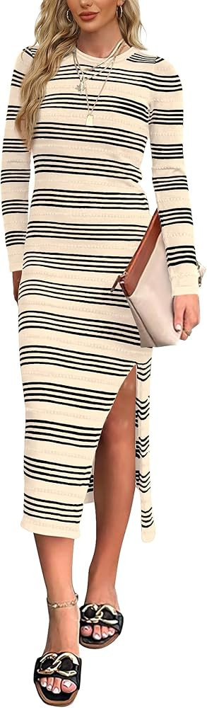 WIHOLL Women's Long Sleeve Midi Dress Slim Fit Striped Knit Side Slit Bodycon Fall Sweater Dresse... | Amazon (US)