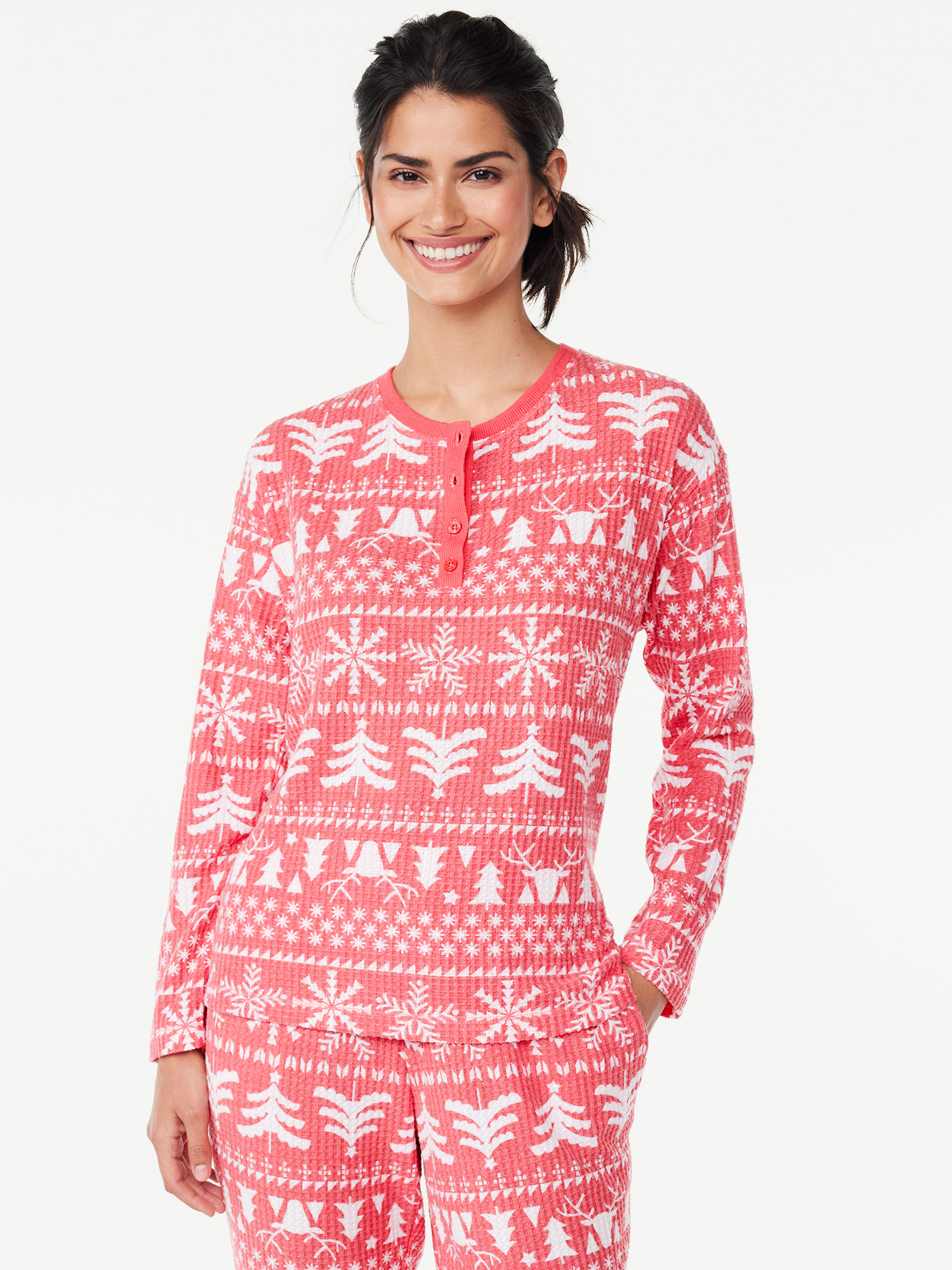 Joyspun Women's Hacci Long Sleeve Henley Sleep Top, 1-piece, Sizes S to 3X | Walmart (US)