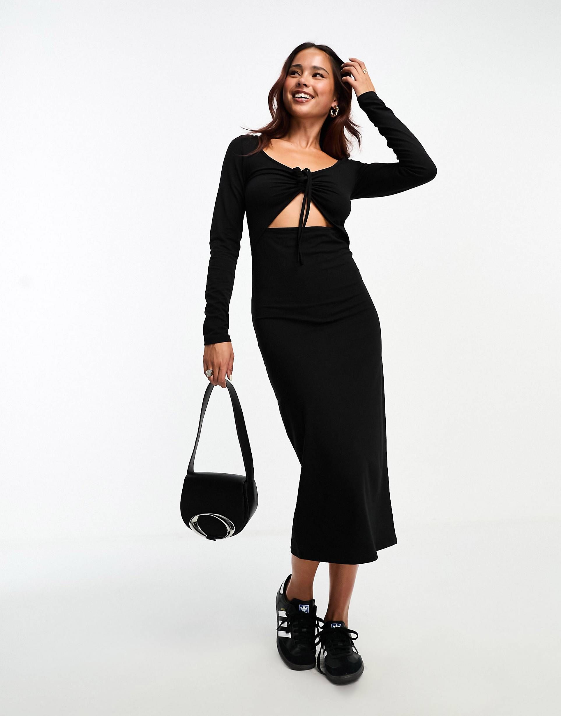 Pieces exclusive ruched front cut out midi dress in black | ASOS (Global)