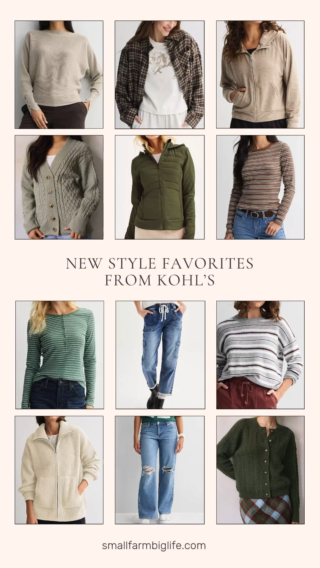 New Style Favorites From Kohl's 🍂 These new fall arrivals at Kohl's are full of cozy knits, easy layers, and casual basics in warm neutral and olive tones. Sweater weather starts with an LC Lauren Conrad cabled sweater cardigan in iron weld, a midnight olive pointelle cable cardigan, a soft coffee heather Nine West dolman sweater with buttons, a grey and brown stripe rollneck sweater, and a cream FLX chenille zip up sweater. For everyday basics, there's a tan ecru stripe rib crew tee and an olive and white stripe henley from Sonoma Goods for Life, plus a brown plaid boyfriend flannel shirt. Stay comfy on the go with an oat heather FLX full zip hoodie and an olive Tek Gear hooded jacket. For bottoms, choose high rise pull on straight jeans or low rise baggy jeans. So many easy pieces to mix and match for casual fall outfits for women over 50 and beyond!

#kohls #kohlsfinds #falloutfits #fallfashion #sweaterweather 

 #LTKgrwm #LTKootd #LTKOver40