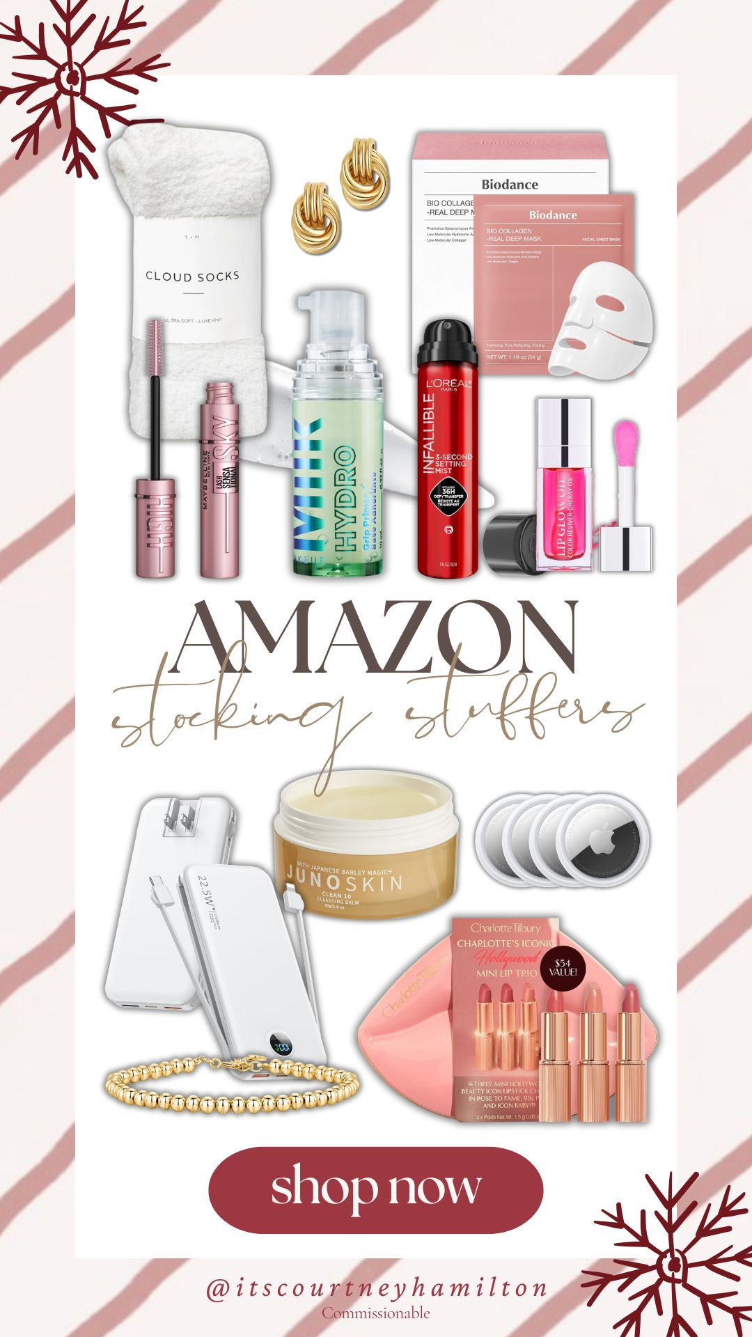 Stocking stuffer ideas! 

bio-collagen sheet mask, cloud socks, portable charger, lipstick, mascara, setting spray, lip gloss, cleansing balm, gold earrings, gold beaded bracelet, air tags, courtney hamilton 

 #LTKHoliday #LTKSaleAlert #LTKBeauty
