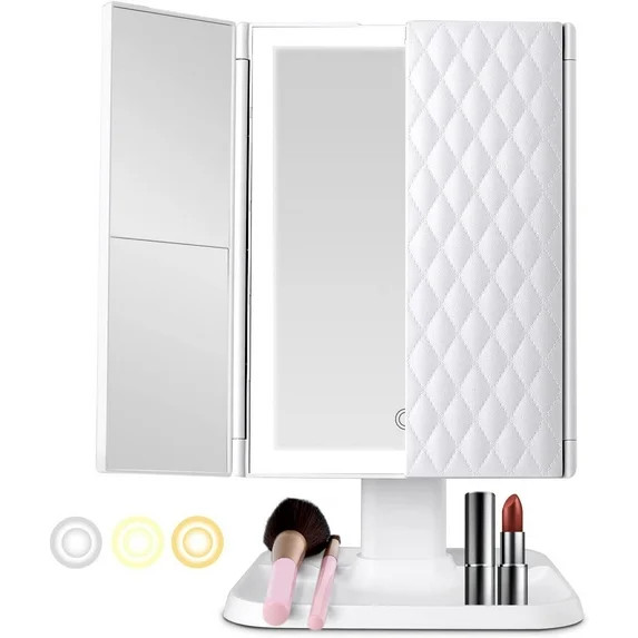 Makeup Mirror Trifold Portable Leather with Lights w/ Adjustable Brightness Magnification, White | Walmart (US)