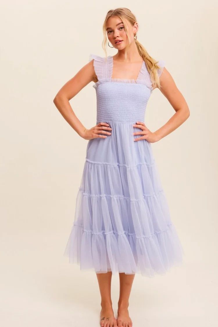 Fiori Short Blue Tulle Tiered Midi Dress | Confête