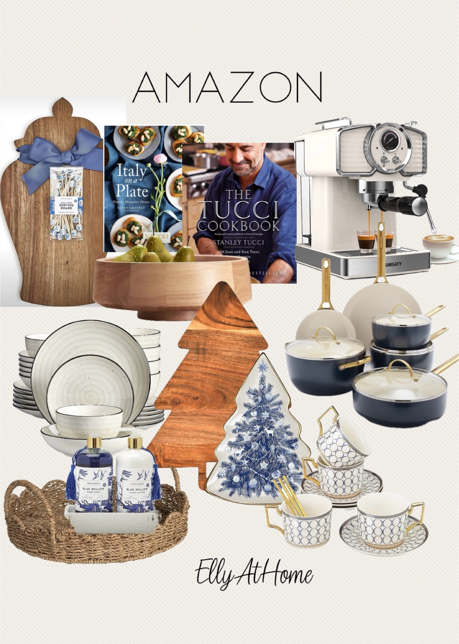 Amazon kitchen finds. Shop pretty blue accents, holiday wood boards, wood bowl, recipe book, dinnerware, soap dispenser, elegant cups and saucers, espresso , cappuccino machine, quality cookware. . Free shipping, sales. Kitchen holiday, Christmas home decor accessories. 

#LTKHome #LTKHoliday #LTKFindsUnder50
