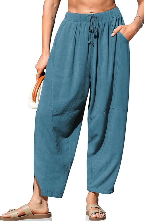 TARSE Women's Linen Harem Pants Casual Loose Fit Wide Leg Cropped Lightweight Drawstring Elastic ... | Amazon (US)