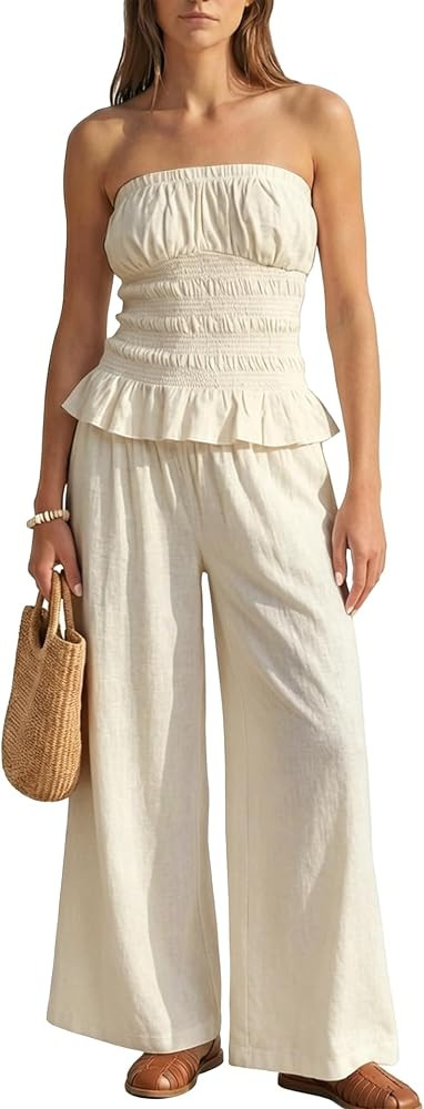 MAKABO Womens Two Piece Summer Vacation Set Strapless Wide Leg Pants Set with Pockets Beach Trave... | Amazon (US)