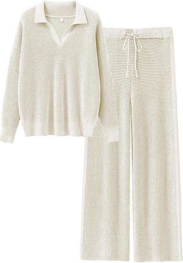 ANRABESS Womens Two Piece Outfits Sweater Sets Waffle Knit Pullover Wide Leg Pants Tracksuit Swea... | Amazon (US)