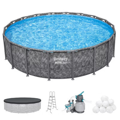 Bestway APX 365 18' x 52" Round Above Ground Swimming Pool Outdoor Backyard Framed Pool Set with Sand Filter Pump, Ladder, and Cover, Dark Marble | Target