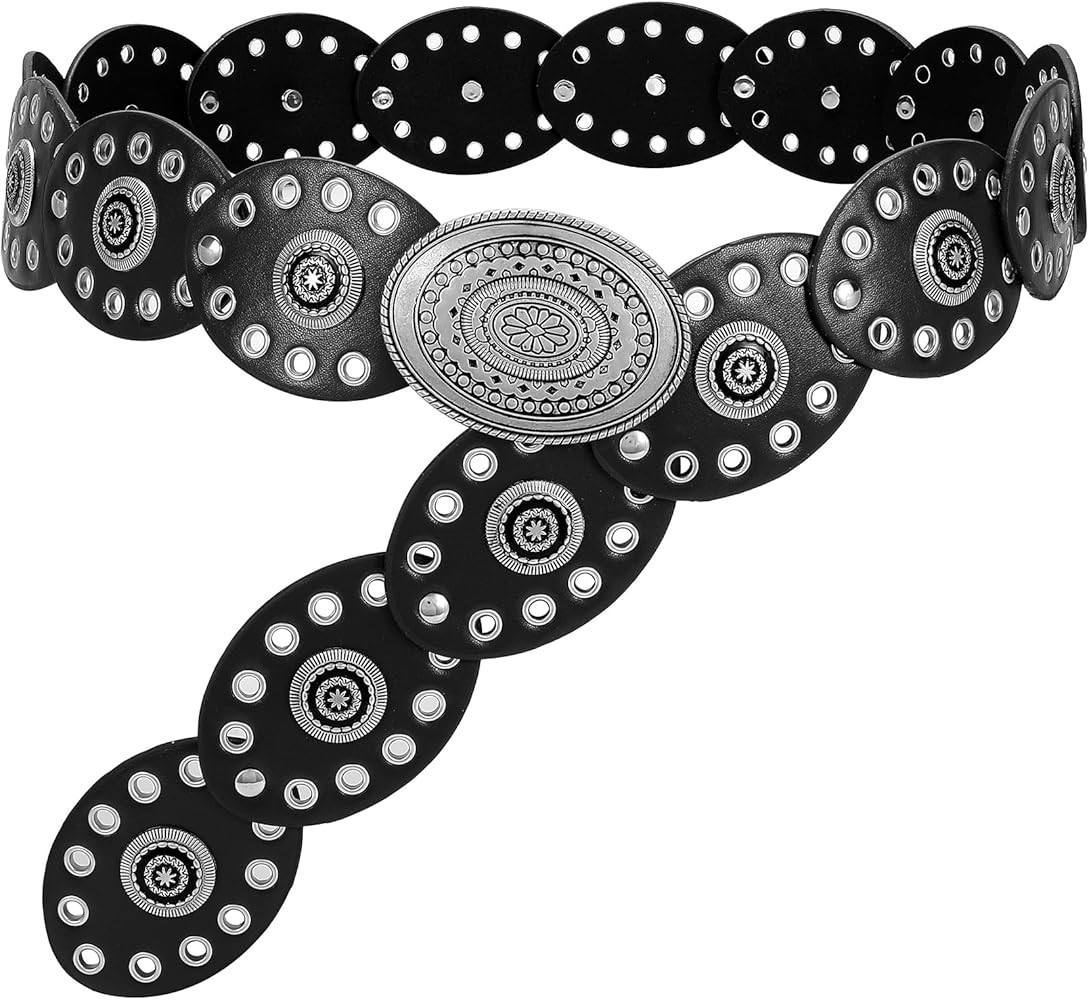 WHIPPY Women Disc Concho Leather Belt Western Cowgirl Hollow Belt Vintage Boho Oval Waist Belt fo... | Amazon (US)