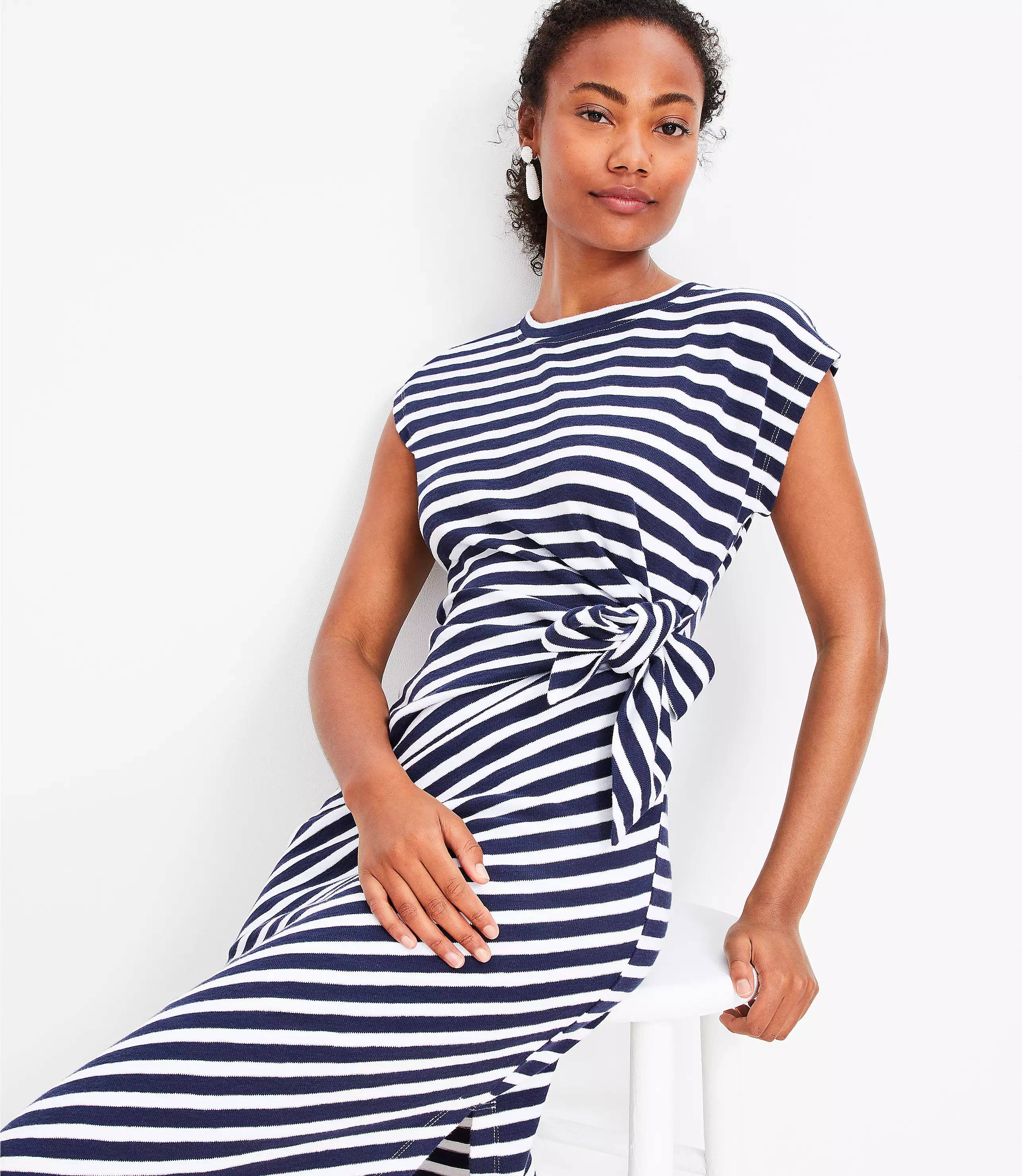 Stripe Knotted Cap Sleeve Midi Dress | LOFT