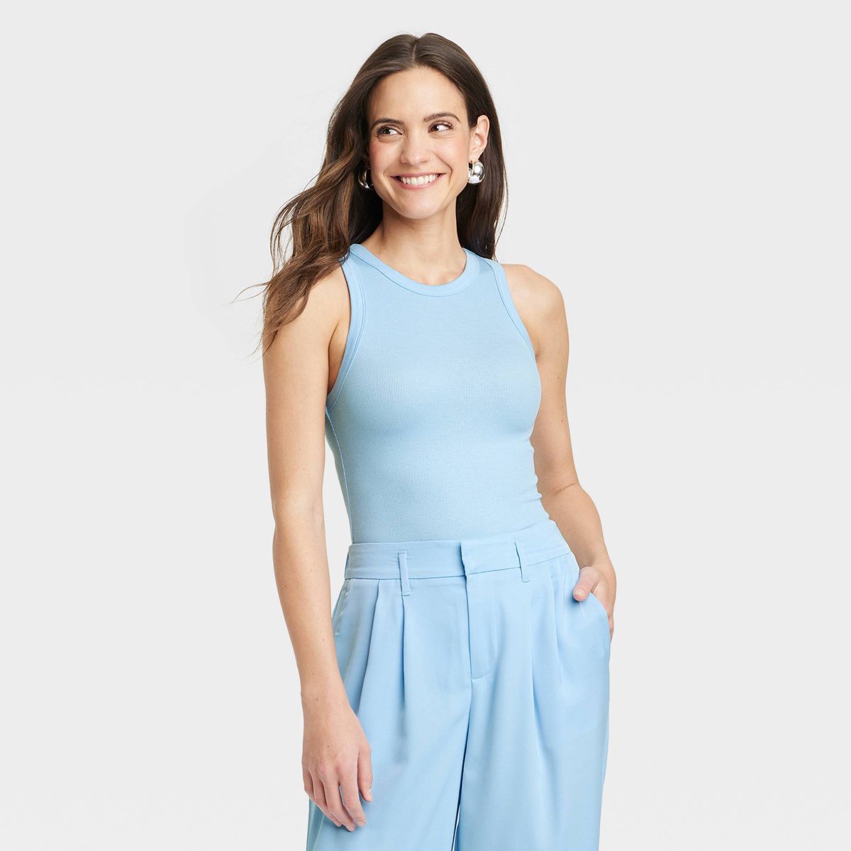 Women's Slim Fit Ribbed High Neck Tank Top - A New Day™ Light Blue XS | Target