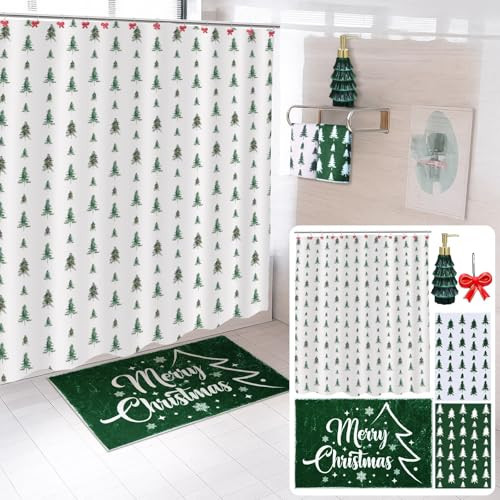 Remagr 17 Pcs Christmas Bathroom Accessories Set Christmas Tree Shower Curtain with 12 Hooks Bath Mat Rug Non Slip Soap and Lotion Dispenser 2 Towels for Holiday Decorations Merry Xmas Gifts | Amazon (US)