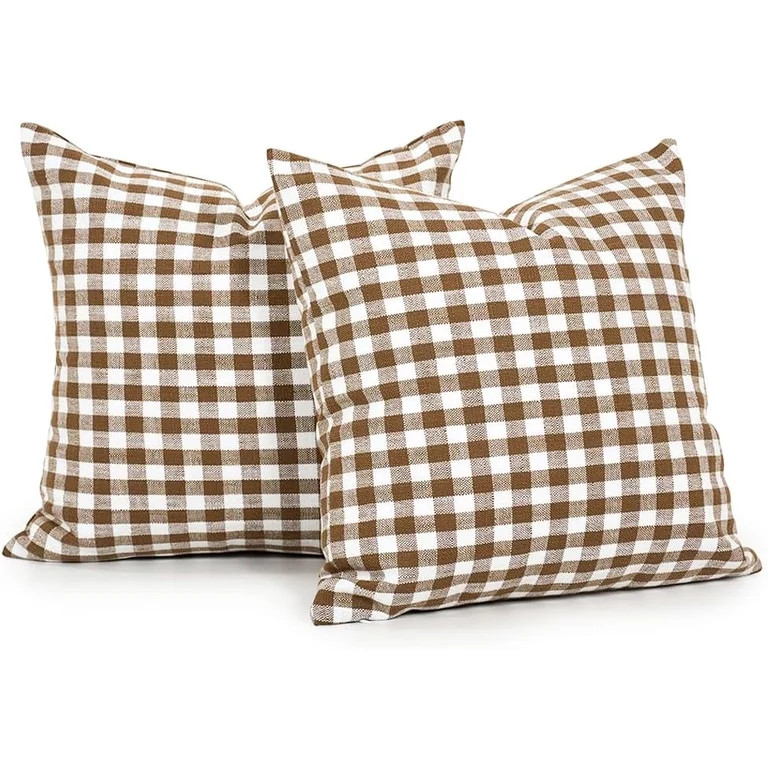 Farmhouse Brown and White Gingham Plaid Pillow Covers 18x18 Set of 2, Khaki Checkered Pillow Cove... | Walmart (US)