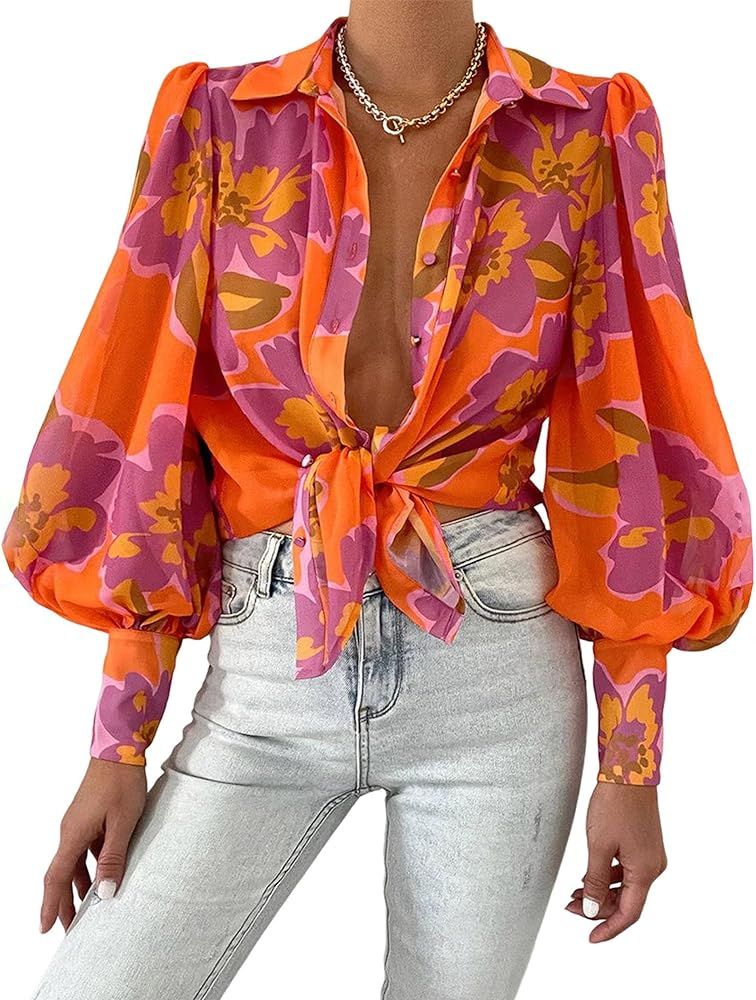 BTFBM Women Fashion Button Down Shirts Lapel V Neck Printed Boho Long Sleeve Blouses Dressy Casua... | Amazon (US)