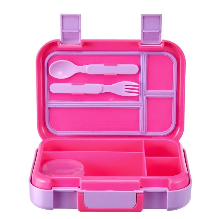 Your Zone BTS Plastic Bento Box with 4 Compartments, 1 Fork, 1 Spoon, 1 Dressing Container, Pink | Walmart (US)