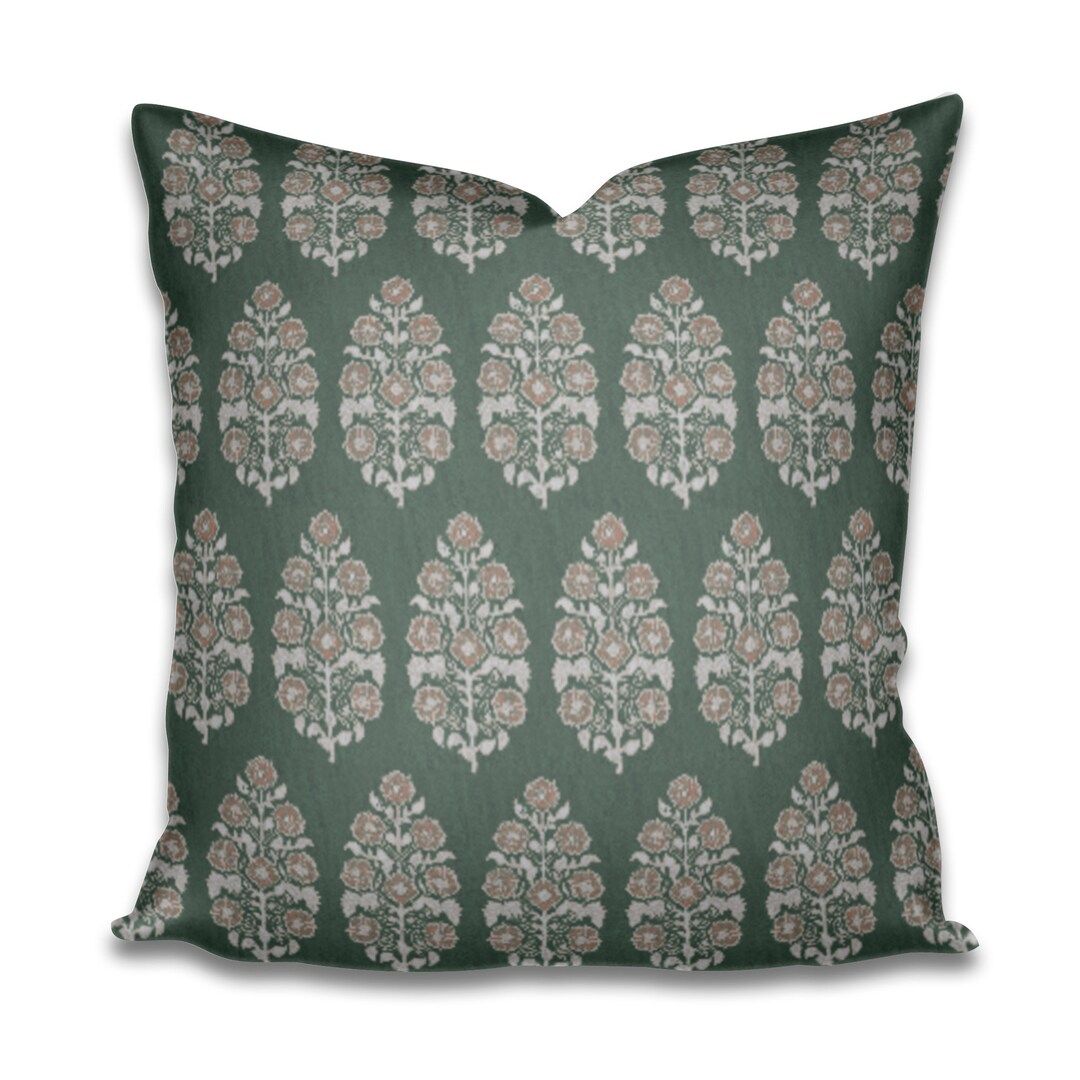 Designer Green Terracotta Indian Mughal Pillow orange Flower Moss Linen India block Flower sage T... | Etsy (CAD)