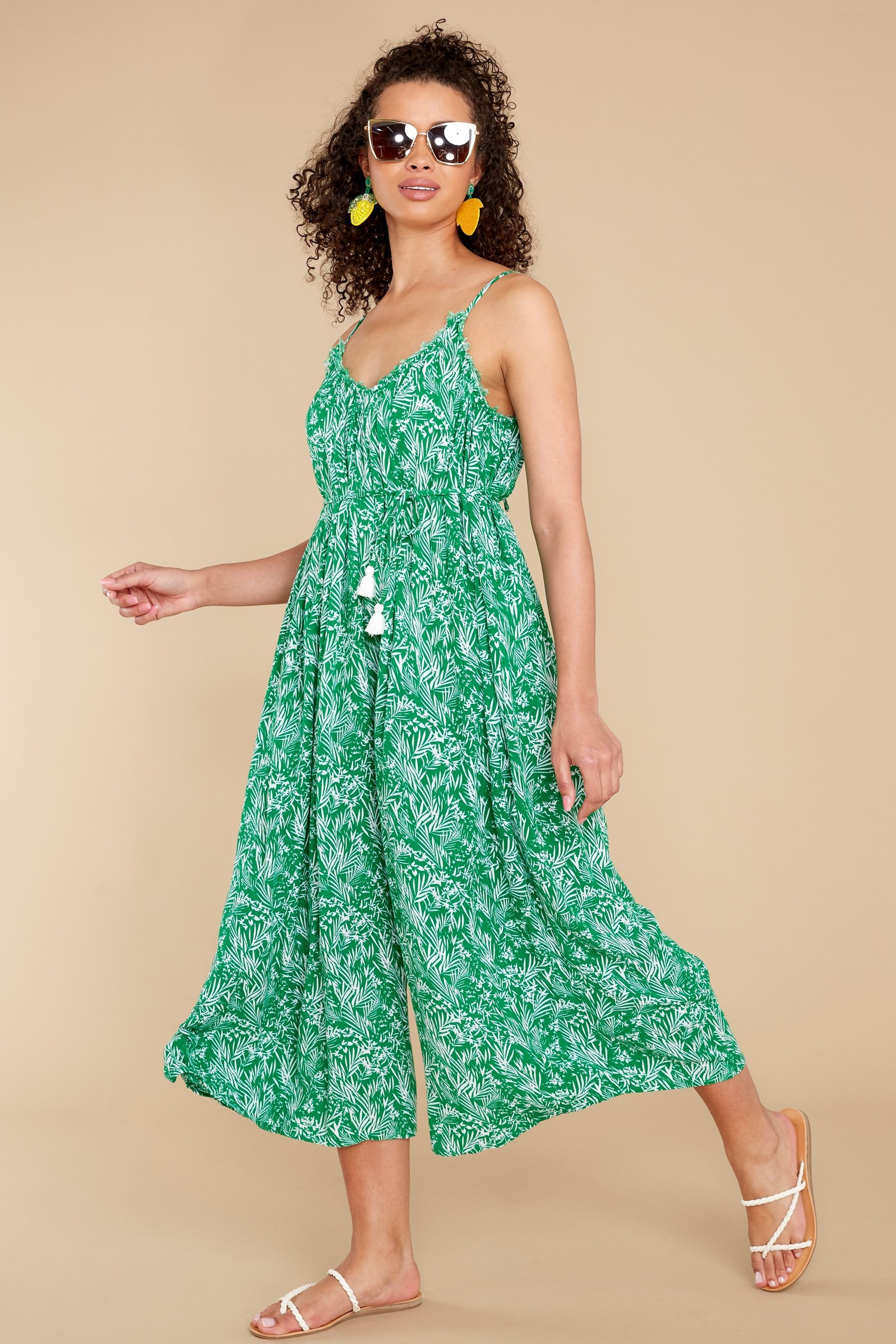 Beat Around The Bush Green Leaf Print Jumpsuit | Red Dress 