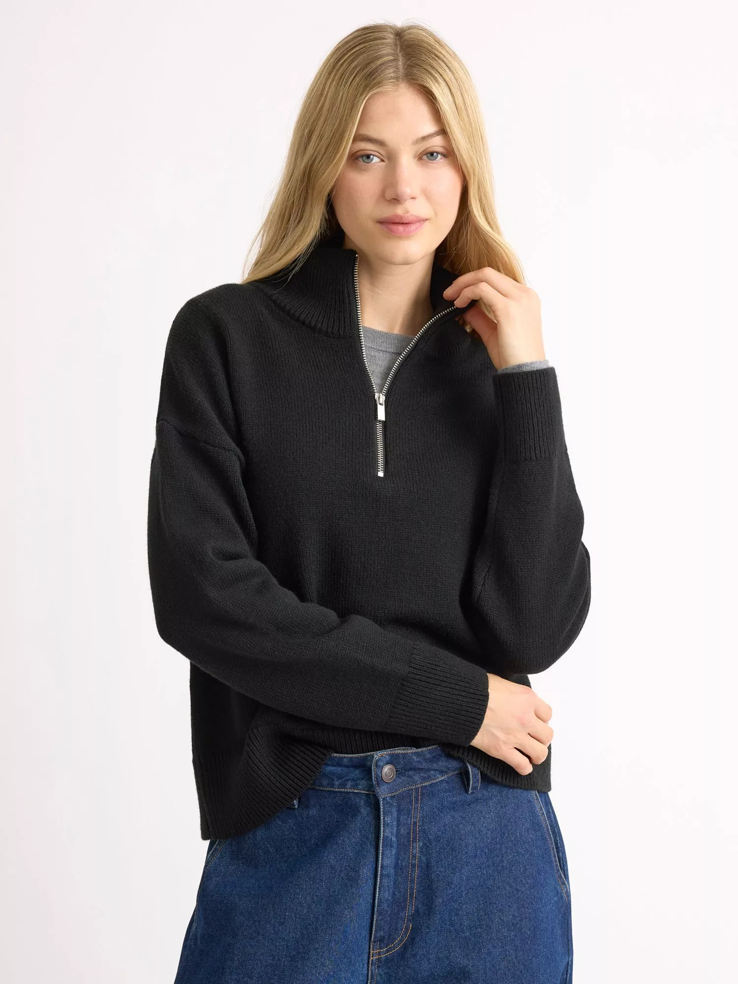 Half Zip Recycled Acrylic Blend Jumper, Black | John Lewis (UK)